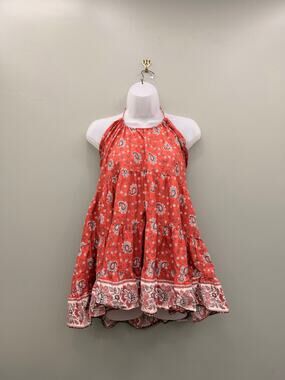 Angie Halter Mini Dress M Coral Paisley Tiered 100% Cotton Boho Festival